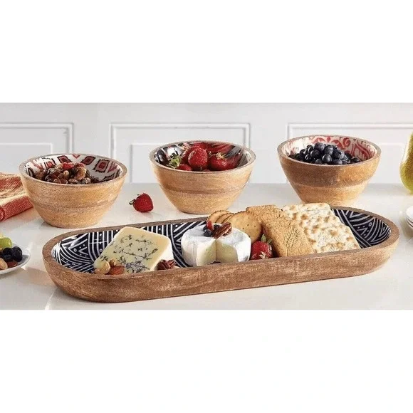 MESA Mango Wood Serving Set 4 Piece Ikat Geometric Patterns Tray & 3 Bowls NEW - Picture 2 of 16